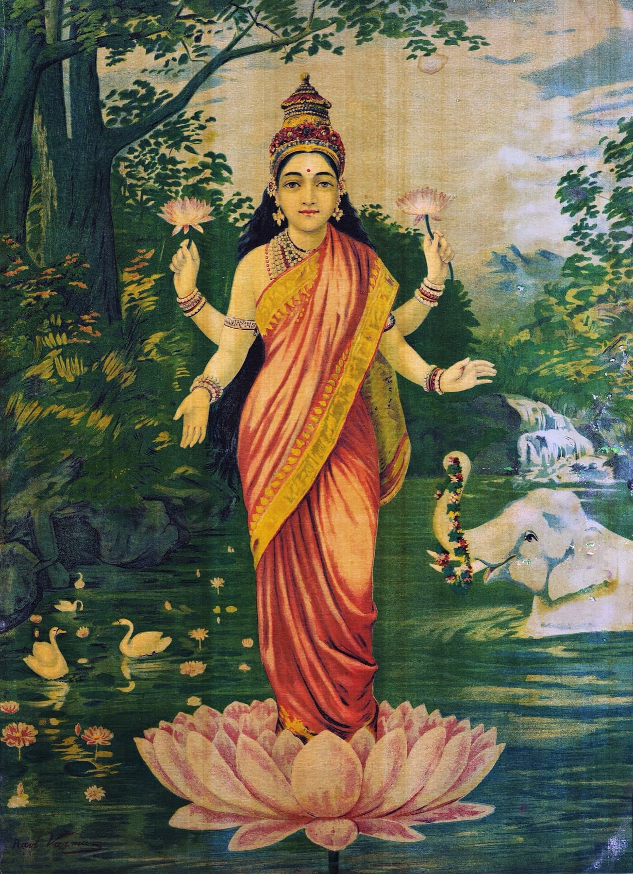 Sri Lakshmi standing on a lotus, after Raja Ravi Varma