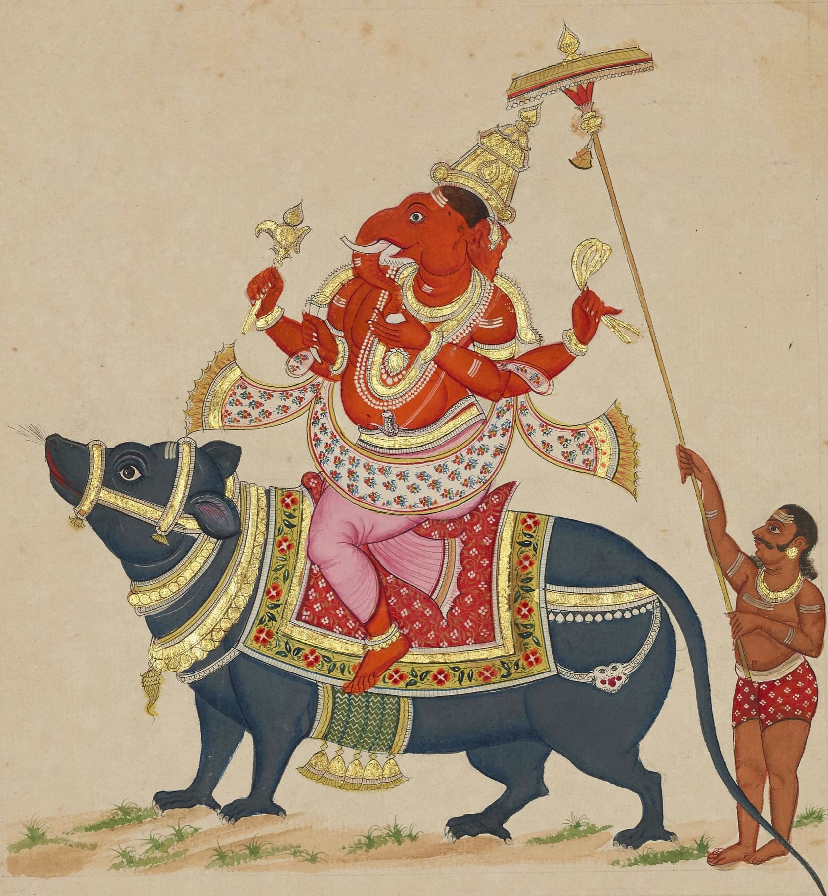 Sri Ganapati riding his mouse, in a Thanjavur school painting